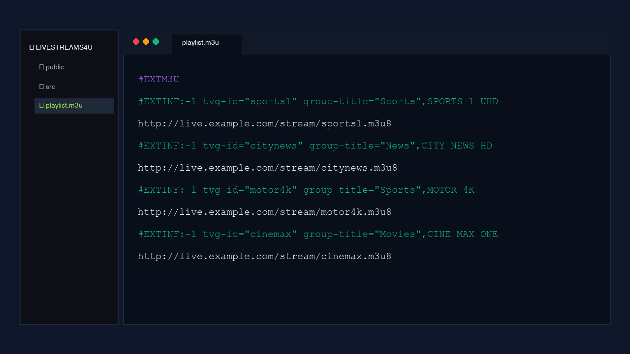 A clean IDE code editor mockup showing an M3U playlist text file syntax-highlighted with invented channel names like SPORTS 1 UHD, CITY NEWS HD, and MOTOR 4K