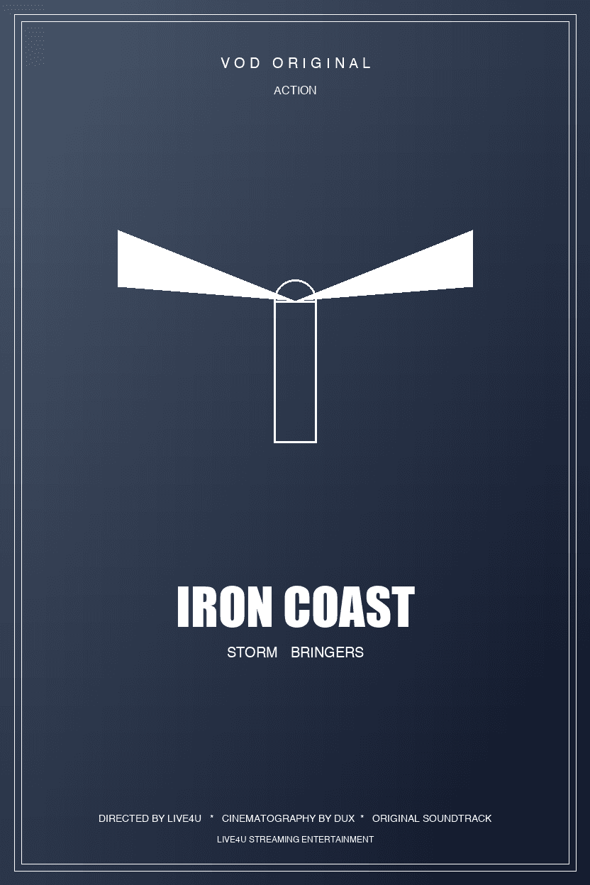 Iron Coast poster: A lighthouse standing against heavy waves crashing on a rocky coast at sunset (Action)