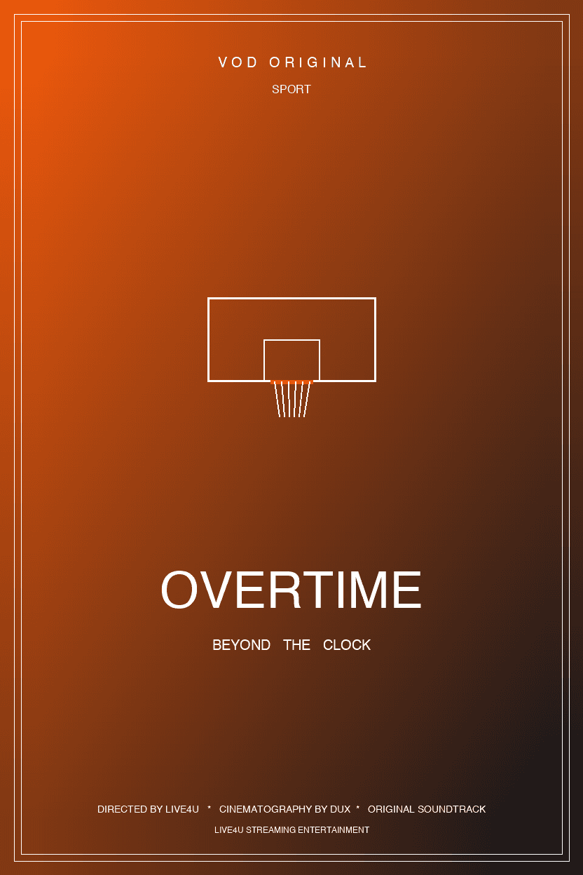 Overtime poster: A basketball dropping through a hoop against arena lights (Sport)