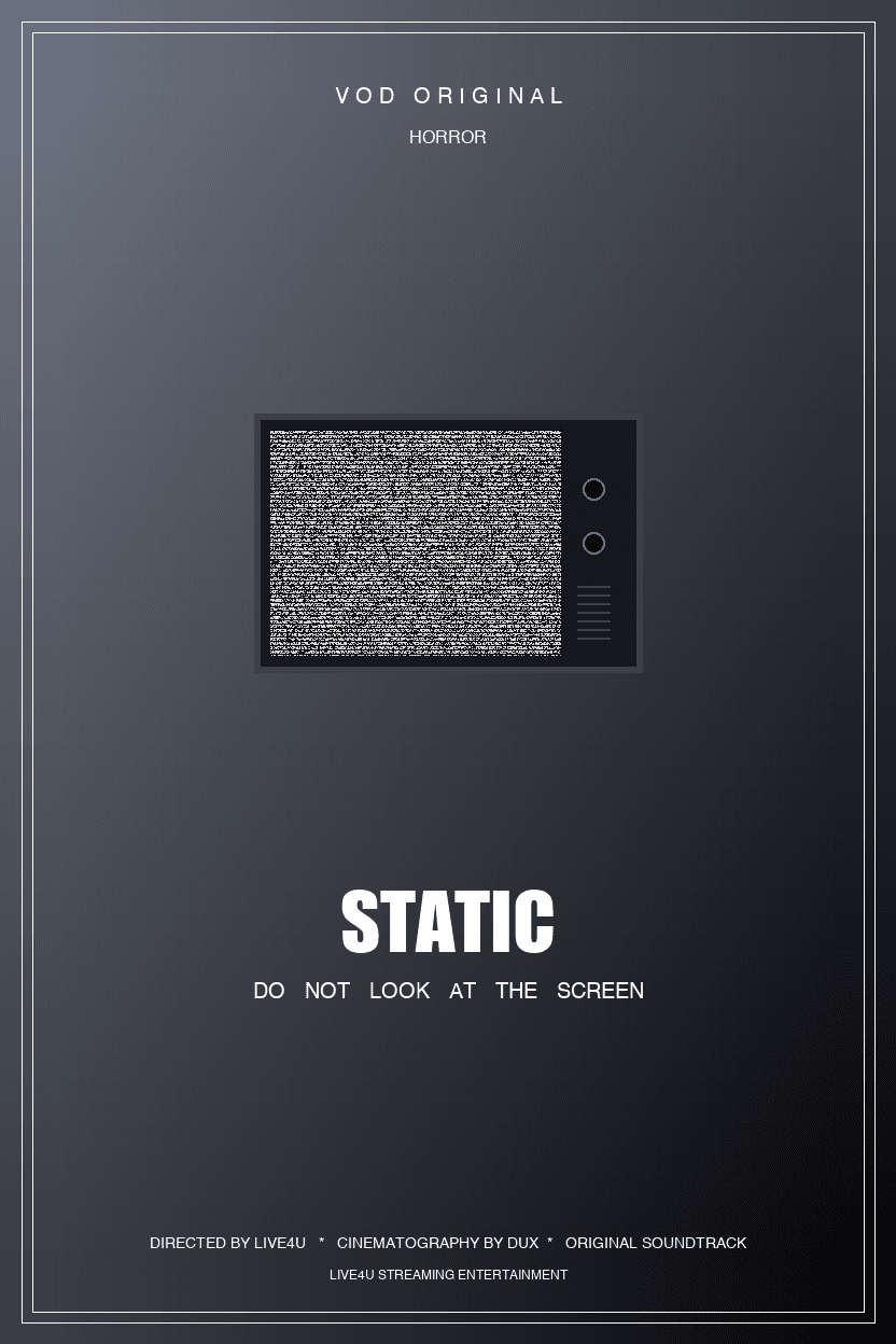 Static poster: An old CRT television showing static in a dark empty room (Horror)
