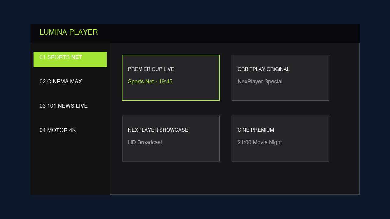 A television screen showing a modern dark TV guide mockup with invented app names like NexPlayer and OrbitPlay alongside unbranded channel cards